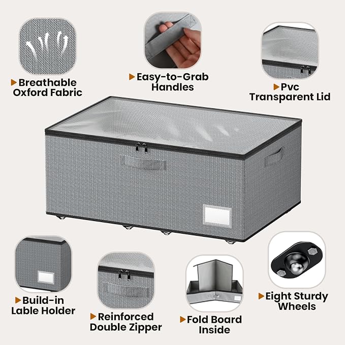 Dayacoco Under Bed Storage With Wheels,10in Underbed Storage Containers 65L | Large Capacity Underbed Storage, No Assembly Required Rolling Under Bed Storage for Clothes Blankets Shoes Grey