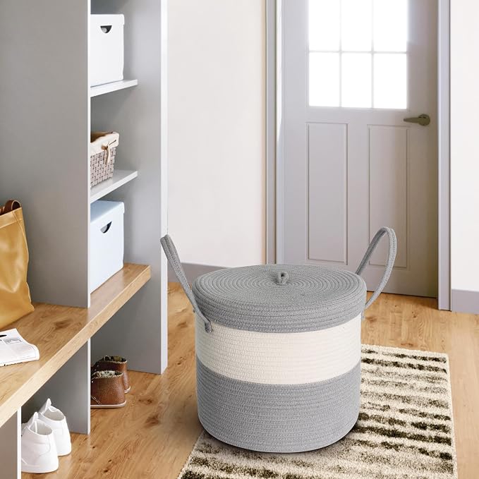 Storage Basket with Lid, Blanket Basket Living Room, Large Woven Cotton Rope Baskets for Storage, Kids Toy Storage Bin, Wicker Laundry Basket, Blankets Pillows Organizer Holder,15"x13", Gray