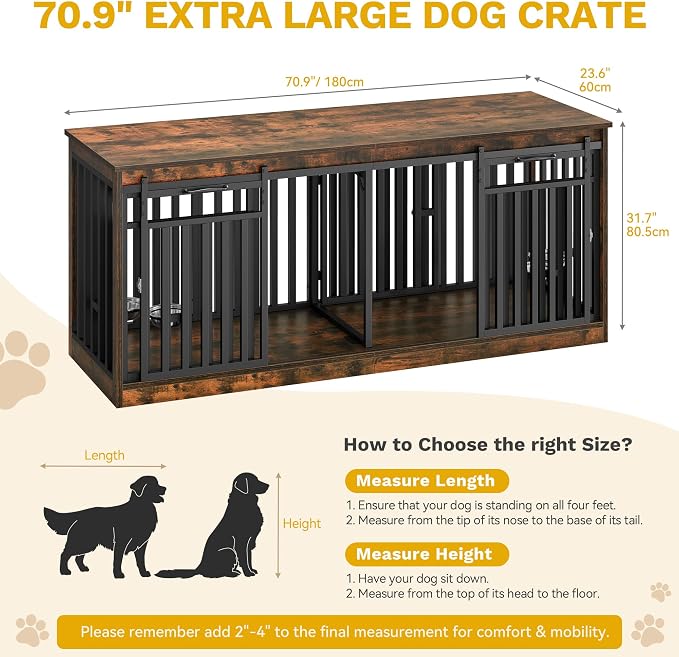 DWVO 71" Double Dog Crate Furniture for 2 Medium Dogs with Dog Bowls | Heavy Duty Wood Dual Dog Kennel TV Stand with Sliding Doors, Decorative 2 Dog Cage Table for Extra Large Dogs Rustic Brown