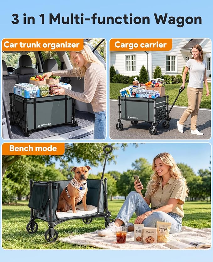 Collapsible Wagon with Wheels,120L Wagon Cart for Camping Groceries Beach | 220lbs Capacity Wagon Carts Foldablet,Smallest Folding Size,Lightweight Portable,Adjustable Handle,Transport long items