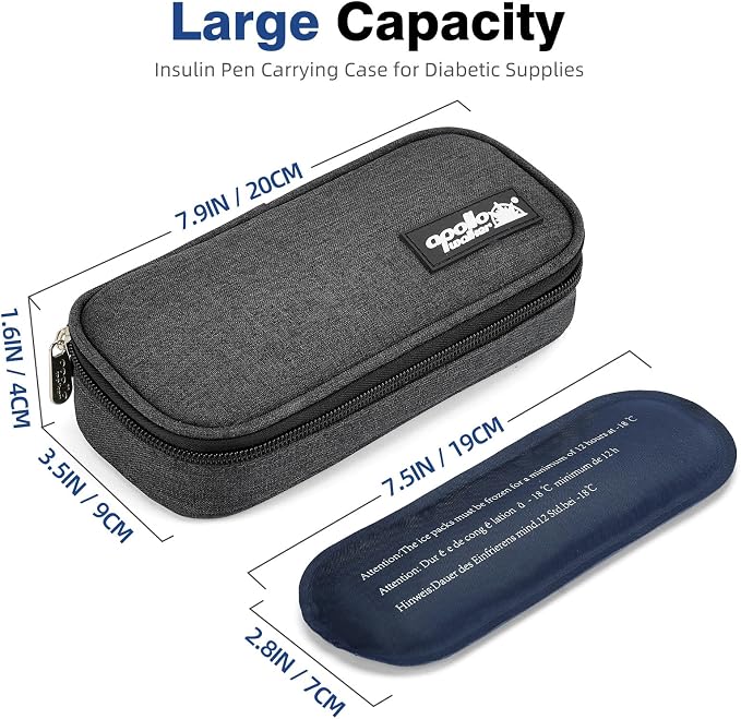 apollo walker Insulin Cooler Travel Case with Ice Packs and Insulation | TSA Approved Includes 2 x 90g ice packs for 9-hour cooling insulin pens & syringes for Diabetics to Carry (Black)
