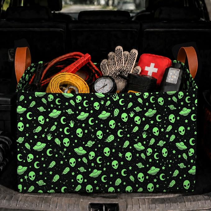 Alien Car Trunk Organizer 20L Collapsible Auto Storage Basket with Handles | Waterproof Reusable Shopping Grocery Bags for SUV Truck, Green Aliens Cars Boot Organizer Gifts for Women Men Drivers