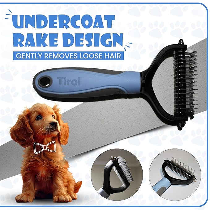 TIROL Dematting Comb for Dogs, Pet Grooming Rake, Double-Sided Dog Brush for Shedding, Undercoat Mat Dematting Tool for Long Haired Cats, Deshedding Brush for Cats, Cat Comb for Grooming Matting Hair