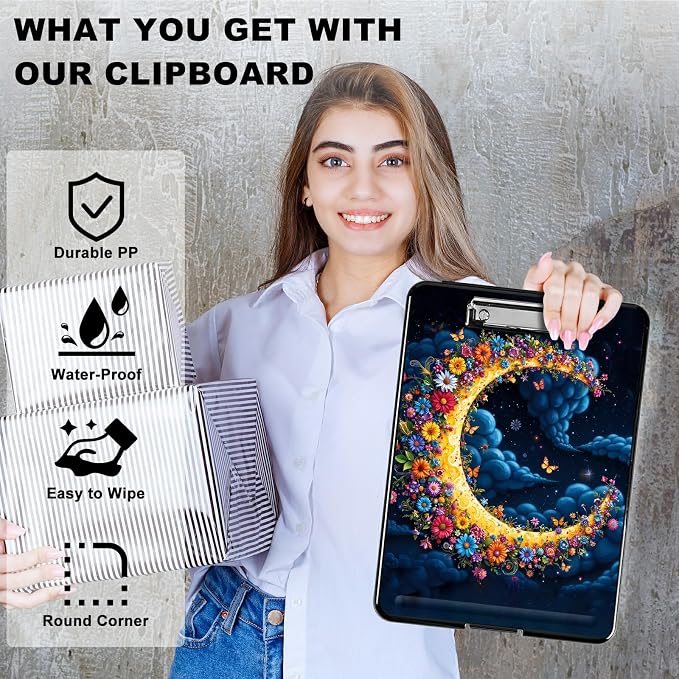 Heavy Duty Storage Clipboard, Slim Nursing Clipboard with Internal Pen Case, Portable File Organizer Case for A4 Letter Size Paper Office Medical Professionals, Dark Clouds Moon