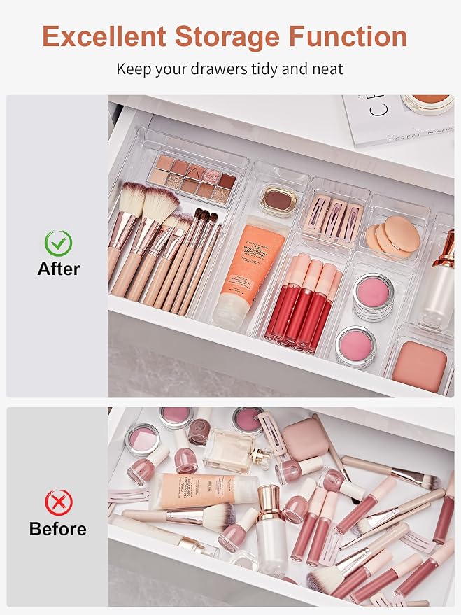 SMARTAKE 29 PCS Drawer Organizer, 4-Size Desk Bathroom Drawer Organizer | 4-Size Storage Tray with Non-Slip Silicone Pads for Makeup, Jewelries, Utensils in Bedroom Dresser, Office and Kitchen Clear