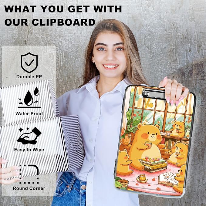 A4 Clipboard with Storage Pen Holder, Clipboards Organizer Nursing Clipboard Foldable File Folder Plastic Clipboard Folio Clip Board for Office Work Classroom Doctor, Bear Lunch