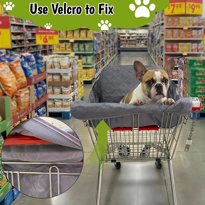 Portable Shopping Cart Cover for Dogs, Secured with Hook and Loop with Safety Ropes, Quilting Grocery Cart Cover, Comfortable and Easy to Clean with Carry Bag (Gray)