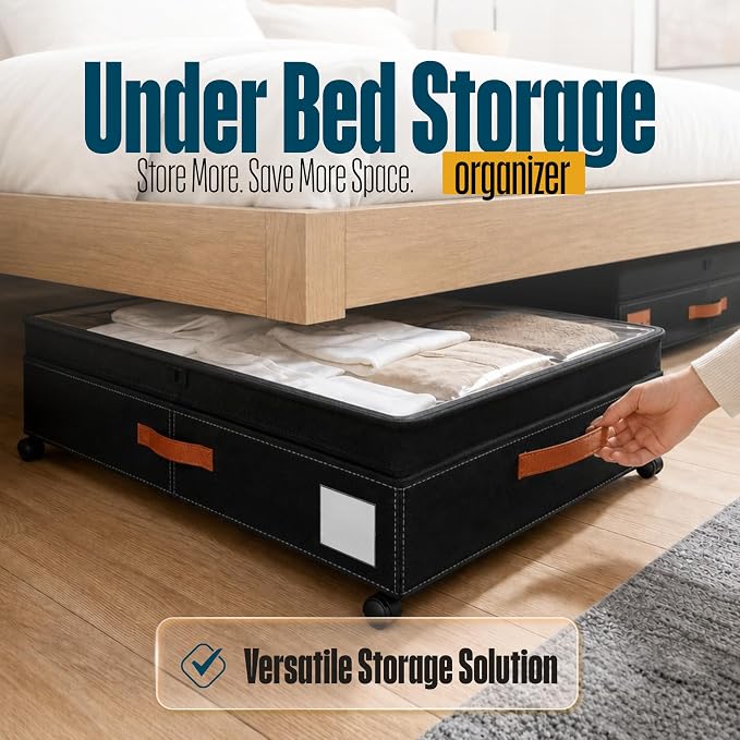 Under Bed Storage Organizer with Wheels, Rolling Under Bed Storage Containers with Clear Lid, Dual Zippers, Handles, Storage for Clothes, Shoes, Blankets, Toys,2-pcs Under Bed Drawers-Black