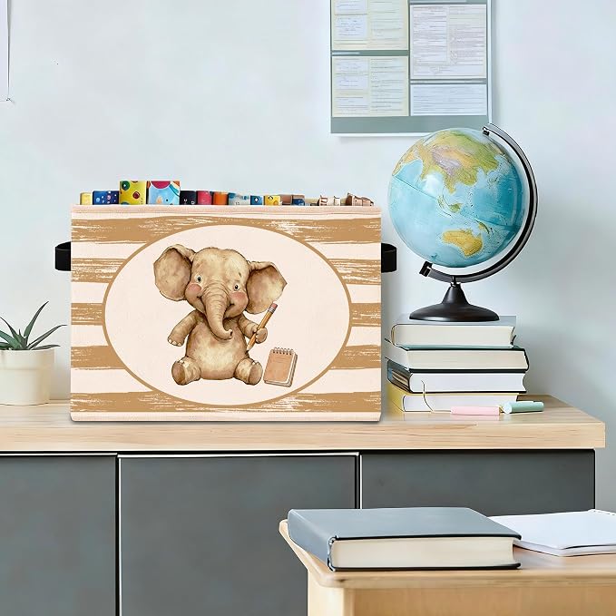 Cute Elephant Pencil Beige Stripe Foldable Fabric Storage Bin | Cute elephant pencil, beige stripe; foldable bin for toys, books, clothes in nursery, classroom or playroom.