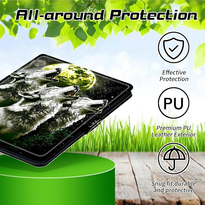 Universal Case for T-Mobile Revvl Tab 2 10.1" Model:9185W 2025/Revvl Tab 5G 10.36" 2023, 360 Degree Rotating Kickstand Protective Stand Leather Shell Cover for 9"-10.5", Three Gray Wolves