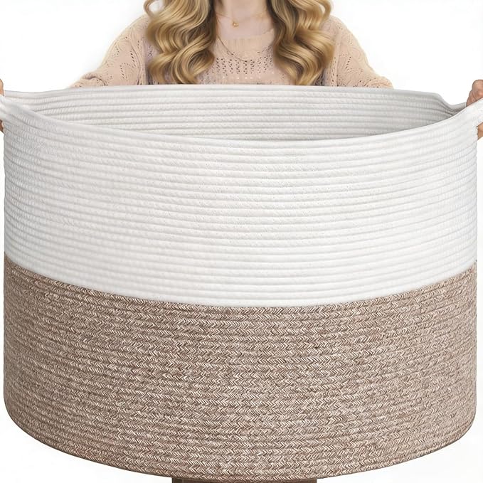 Goodpick 65L Large Woven Rope Basket for Blankets Living Room, 65L | 19.7 x 19.7 x 12.6 In Storage Basket for Toys Shoes, Cute Baby Laundry Hamper for Towels, Clothes, Mele