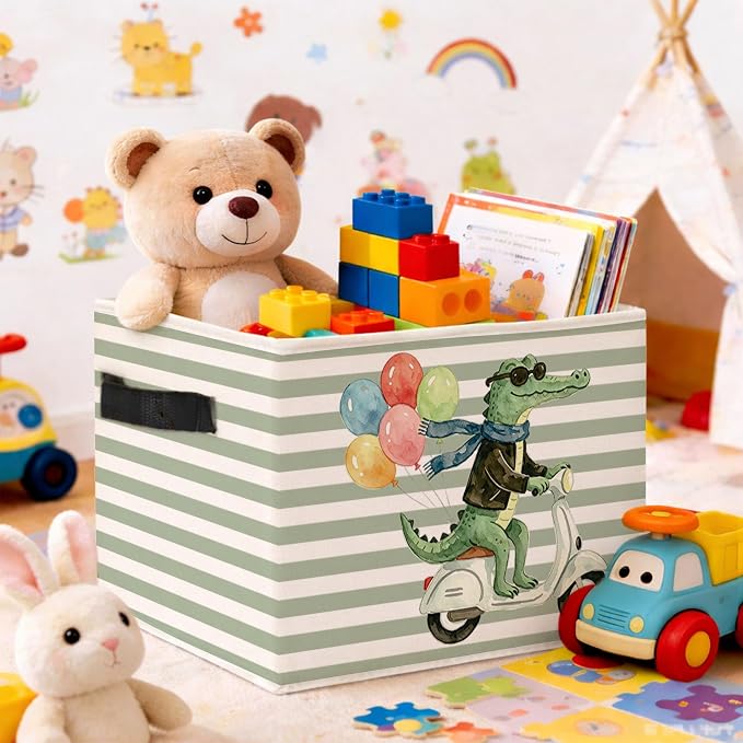 Alligator Scooter Storage Bin, Green Stripe Foldable Fabric Basket | Cute crocodile scooter collapsible fabric organizer for nursery, bedroom, playroom, toys, books, and clothes