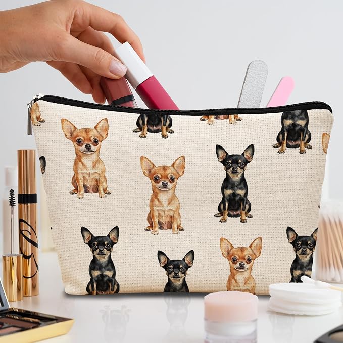 Chihuahua Dog Makeup Bag, Chihuahua Lovers Gifts Cosmetic Bag for Women, Dog Mom Lovers Owner Gifts for Women, Pet Lover Gift Zipper Travel Makeup Pouch for Purse
