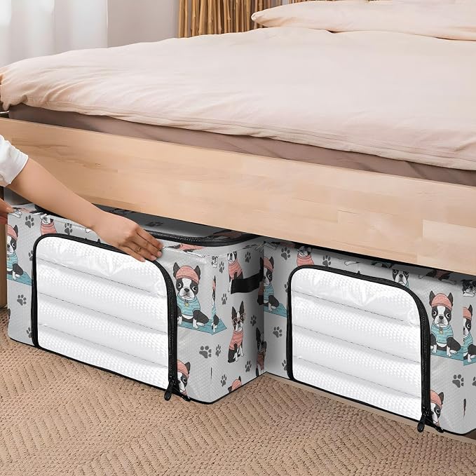 Cute Pets Dog Gray pattern Under Bed Storage Containers with Double Zipper Openings, Foldable Clothes Storage Bins with Clear Window and Handles for Bedding Comforters Blankets