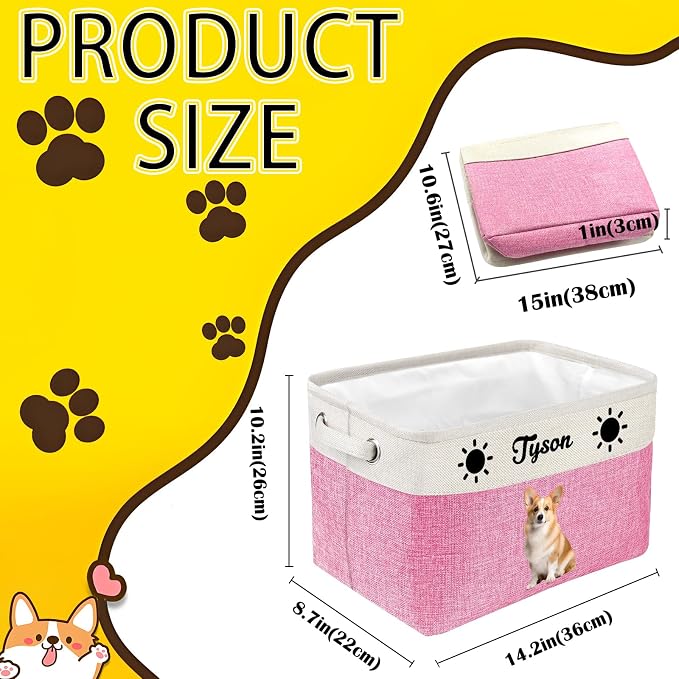 Personalized Dog Cat Toy Storage Basket with Handles Custom Pet Name & Photo Collapsible Organizer Bin Customized Storage Box for Pet Supplies