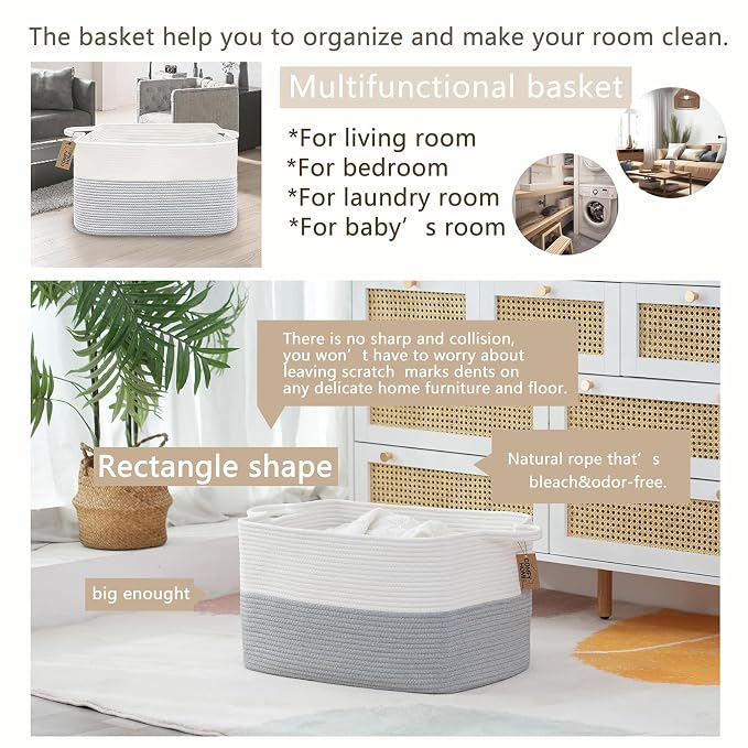 COMFY-HOMI Large Rectangular Blanket, Cotton Rope Woven for Storage, LaundryHamper, Storage,Toy Organizing Bin with Handle, Organizer and Storage-22x15x12-
