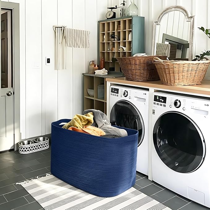 108L Extra Large Storage Basket, 25"x16"x16" Blue Blanket Basket Living Room, Oversized Cotton Rope Blanket Storage, XXXL Woven Kids Dog Toy Bin Box, Jumbo Laundry Shoes Towel Bin, Navy Blue