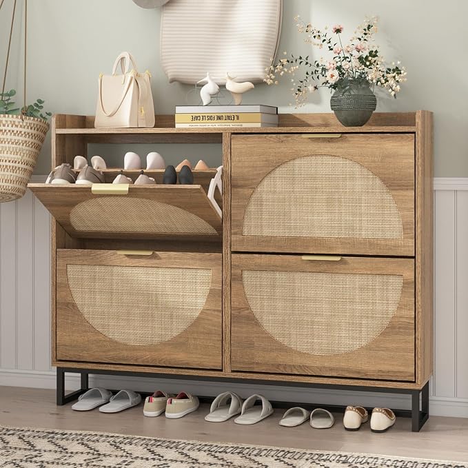 Maupvit Large Rattan Shoe Storage Cabinet with 4 Flip Drawers, Freestanding Shoe Organizer with Metal Legs for Entryway, Hidden Golden Handles, Narrow Shoe Rack Cabinet, Rustic Oak Rattan