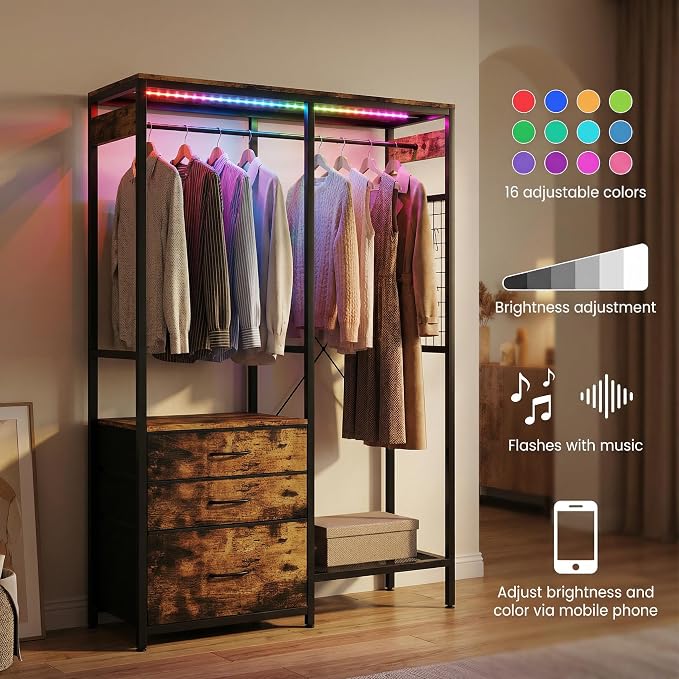 Heavy Duty Clothes Rack with 3 Drawers & LED Light, Garment Rack with 3 Shelves, Free Standing Wardrobe Organizer with 8 Hooks for Bedroom, Small Space, Garming Room（37.8"W x 66.93"H, Rustic Brown）