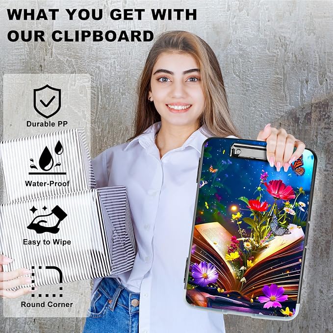 Book Flower A4 Clipboard with Storage Pen Holder, Clipboards Organizer Nursing Clipboard Foldable File Folder Plastic Clipboard Folio Clip Board for Office Students Classroom Doctor