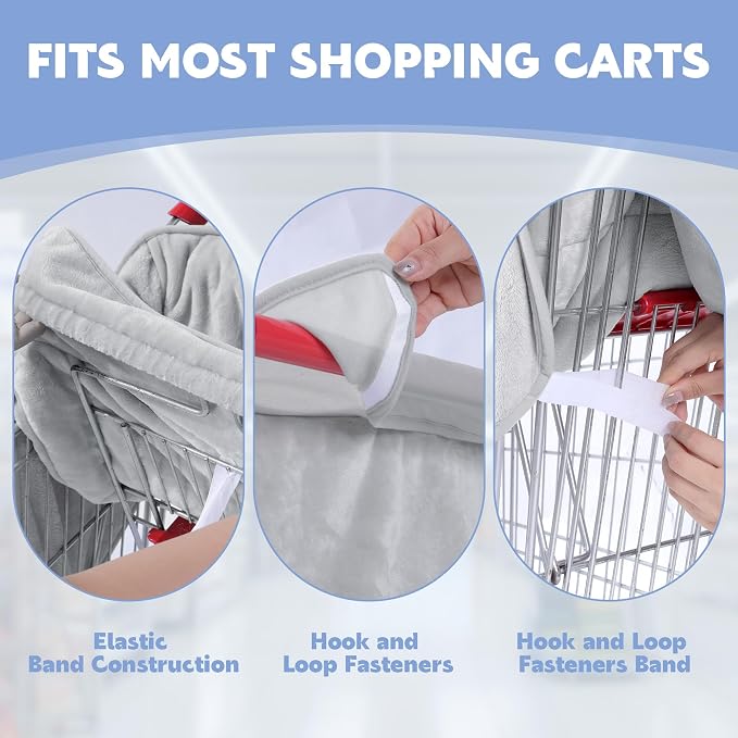 Soft Velvet Shopping Cart Cover for Dogs, Plush Pets Grocery Cart Cover with Safety Ropes, Portable and Easy-on Stretch Design for Shopping Carts with Carry Bag(Gray)