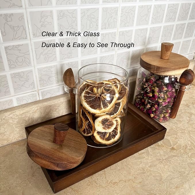 Glass Jars with Brown Wooden Lids and Scoops 20oz 2Pack with Tray, Airtight Food Storage Containers with Tray for Sugar Coffee Bean Candy Spice