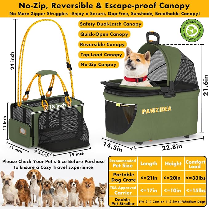 PAWZIDEA Double Pet Stroller with 2 Detachable Carrier for Multiple Pets | Portable Travel Crate & Car Seat Combo & TSA-Approved Expandable Carrier, Foldable Jogger Stroller for 2–4 Cats or Small Dogs