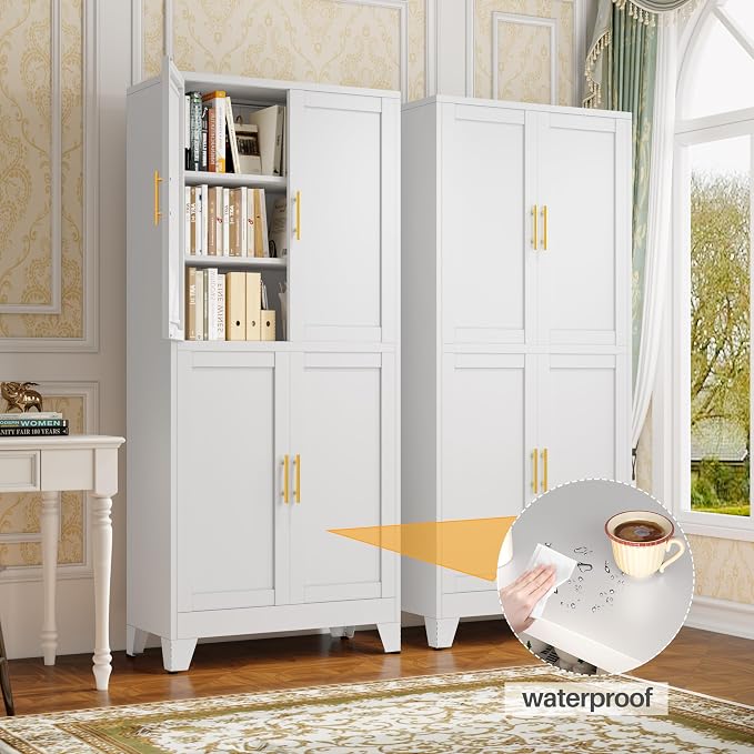75" Tall Kitchen Pantry Cabinet, White Metal Pantry Storage | Storage Cabinet with Doors and 3 Adjustable Shelves, Steel Storage, Bathroom cabinets Organizer, Cupboard for Home, Office
