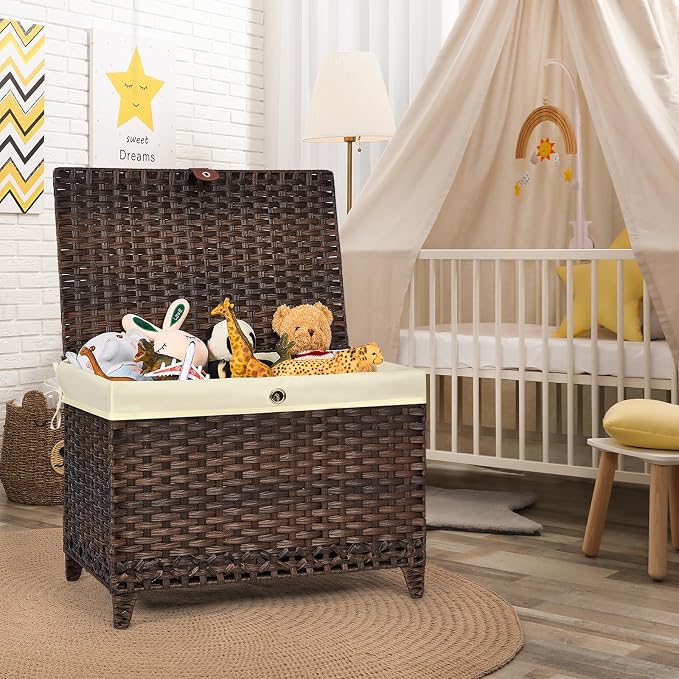 Wicker Storage Basket with Lid, 200L Storage Bin with Removable Liner Bag | Rattan-Inspired Shelf Basket Design, Storage Trunk with Heightened Feet, Wardrobe Storage Container & Home Organizer