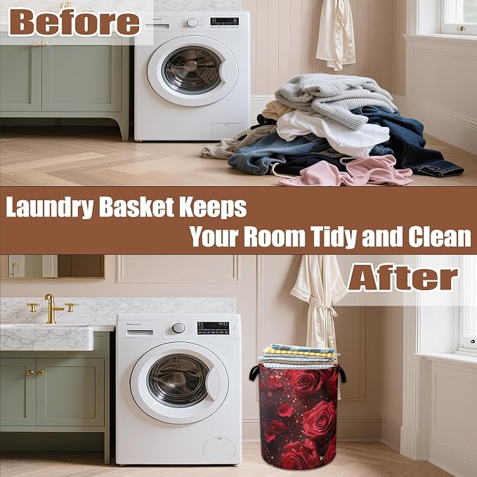 Red Rose Laundry Baskets,Laundry Hamper,Storage Basket with Handles for Bathroom Bedroom College Dormitory Living Room Nursery Organizer 16"x20.8"
