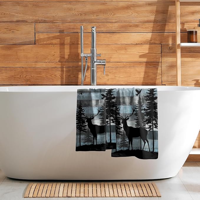 Giwawa Rustic Deer Towel Set of 2 Forest Wildlife Woodland Hand Face Towels with Vintage Blue Wood Board Farmhouse Elk Decorative Soft Microfiber Dish Towel for Bathroom Guest Gym Spa Hotel
