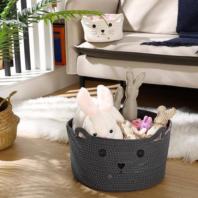 Zopeal Cat Storage Basket Woven Organizer with Ears Decorative Gift Cute Cotton Rope Pet Toy Basket for Gift Cat Dog Toy Bin Nursery Room(13.7 x 7.8 Inch,Dark Grey)