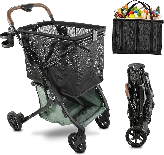 Stability Shopping Cart On Premium Wheels – Lightweight Aluminum Frame – Removable Shopping Bag with Carry Strap & Lower Grocery Storage 75Lbs Storage Capacity (Sage)
