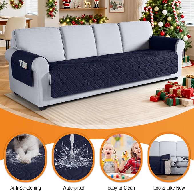 VANSOFY Waterproof Oversized Couch Cover for Pets, Dark Blue, 78.7" | Non-Slip, Washable, Utility Pockets, Pet Friendly, Furniture Protector Slipcover for 4 Cushion Couch