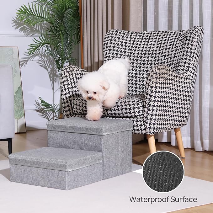 Linen Foldable Dog Stairs with Storage | 2-Step Pet Steps for High Beds & Couch, Non-Slip Dog Ladder for Small & Medium Dogs and Cats, Light Grey