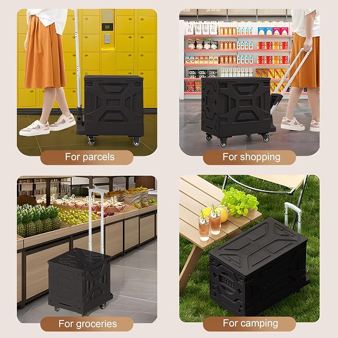 VECELO 66LHeavy-Duty 2-in-1 Foldable Utility Cart, Large Capacity Rolling Crate, Thickened Material with Silent Swivel Wheels, Dual Modes (Basket/Flatbed) for Grocery, Laundry, Camping, Black