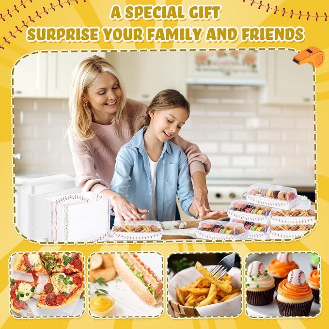 Bokon 50 Pack Baseball Charcuterie Boxes with Clear Lids, 7.5 in Disposable Food Containers for Sandwich Cake Slice, Rookie of the Year Party, Holiday & Game Day Watching, Grease-resistant to Go Box
