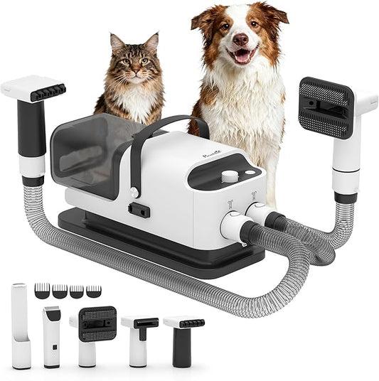 PawHut Dog Grooming Vacuum & Dryer, 5 in 1 Pet Grooming Kit with 50dB Low Noise Electric Clipper, 12Kpa Powerful Dog Vacuum for Shedding Pet Hair, Adjustable Speed & Temperature, 1.8L Canister