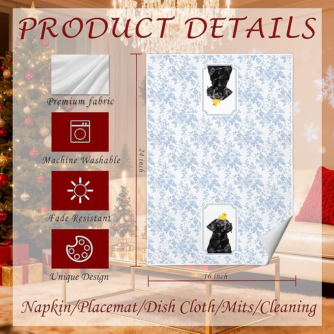 Blue and White Chinoiserie Black Labrador Retriever Bathroom Hand Towels 16x24 in, Black Lab Gifts, Grandmillennial Blue Toile De Jouy Floral Lab Dog Decorative Kitchen Hand Dish Towels