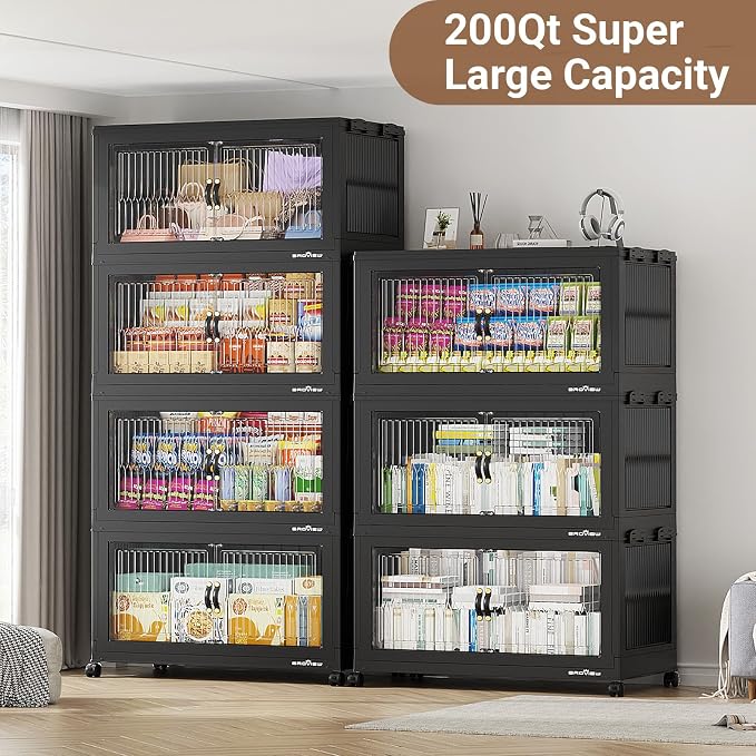 BROVIEW 800QT Extra Large Stackable Storage Bins with Lids, 4Pack Black | 200Gal Plastic Collapsible Cabinets Containers, Wheels & PET Doors, Foldable Closet Organizers Drawers for Office, Dorm