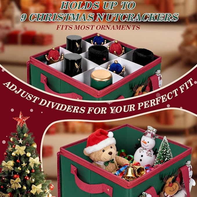 Christmas Nutcracker and Figurine Collectible Storage Box Stores Up to 9 16" Nutcrackers Holiday Ornaments Storage Box with Adjustable Dividers Zippered Top Xmas Decorations Storage Containers