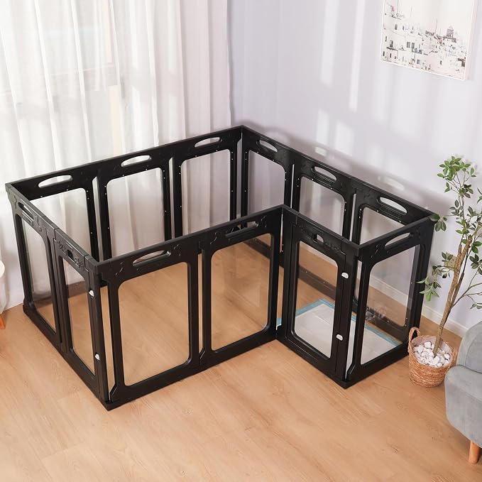 Clear Acrylic Indoor Dog Playpen, 24" H, 2 Panels, Black | Open View, Modern Home Fit, No Climbing Bars, Tool-Free Setup, For Puppies & Small Dogs