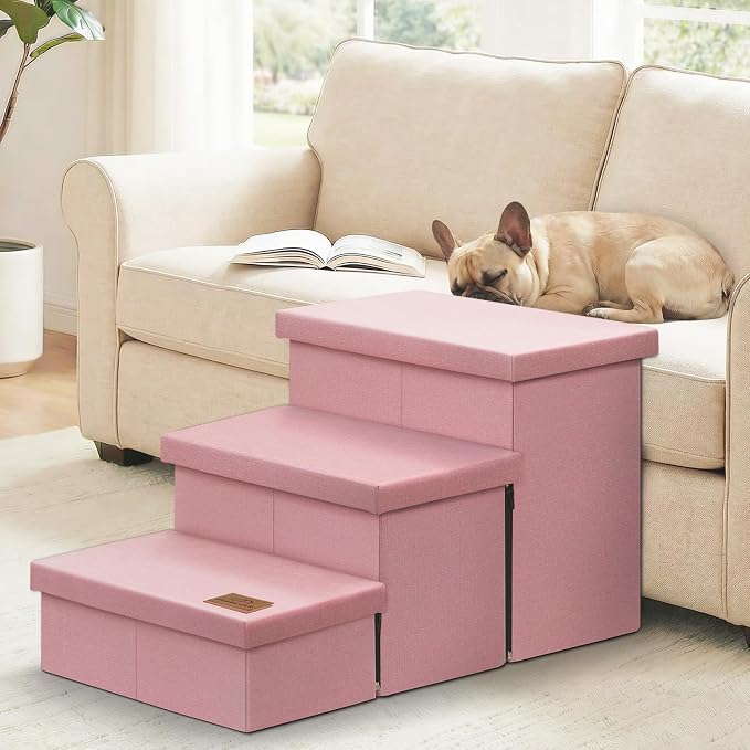 Zerbuger Dog Stairs with Storage, Pink 3 Steps Dog Ramp no Condo for Bed | 18" H Wider Dog Steps for High Beds Couch, Folding Storage Pet Stairs Gift for Climbing Small/Medium/Large Old Dogs Cats