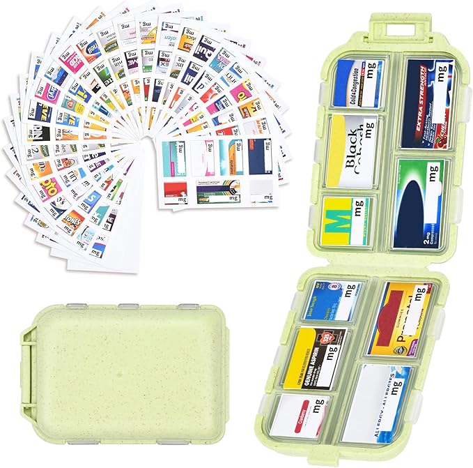 Travel Medicine Kit with 189 Labels, Pill Cases Organizers 7 Day Compact Pill Organizer Mini Pill Case Pill Storage Organizer (Yellow, 1 Pack)