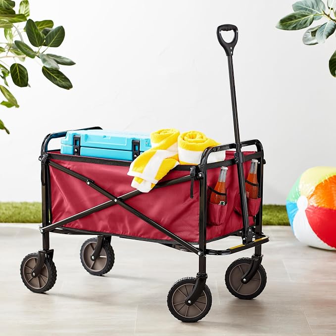 Amazon Basics Collapsible Heavy Duty Utility Wagon for Outdoor Sports, Camping, Garden, and Pets, Portable with Handle, 265 pounds Weight Capacity, 27.6 x 40.9 x 20 inches, Red