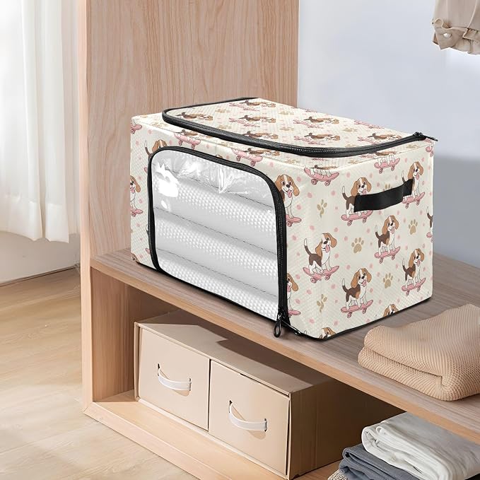 Cute Pets Dog Beige pattern Under Bed Storage Containers with Double Zipper Openings, Foldable Clothes Storage Bins with Clear Window and Handles for Bedding Comforters Blankets