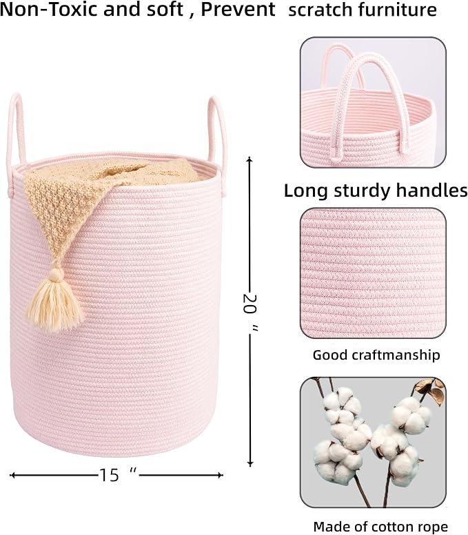 Woven Cotton Rope Laundry Basket, 15" x 20" Laundry Hamper, Pink | Rope storage basket for dirty clothes, toys and blankets. Perfect for bathroom, baby nursery and living room storage.