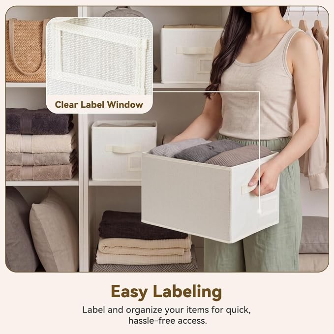 GRANNY SAYS Closet Storage Bins with Label, Pearl White, Medium, 3-Pack | Closet Organizer Bins with Label Holder, Fabric Storage Baskets, Foldable Storage Bins, Decorative Storage