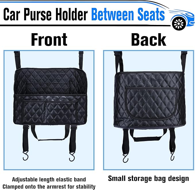 BFXM Car Purse Holder Between Seats, Leather Front Seat Car Organizer | Large Capacity Car Net Pocket Handbag Holder, Backseat Barrier Storage Bag Fits for Car, Truck, SUV, Purse Holder for Car