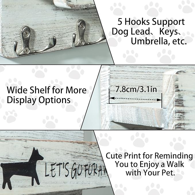 Wood Dog Leash Holder for Wall, Key Hanger with 5 Double Key Hooks | Dog Leash Hanger Wall Mounted for Entryway, Farmhouse Treats,35cm,White